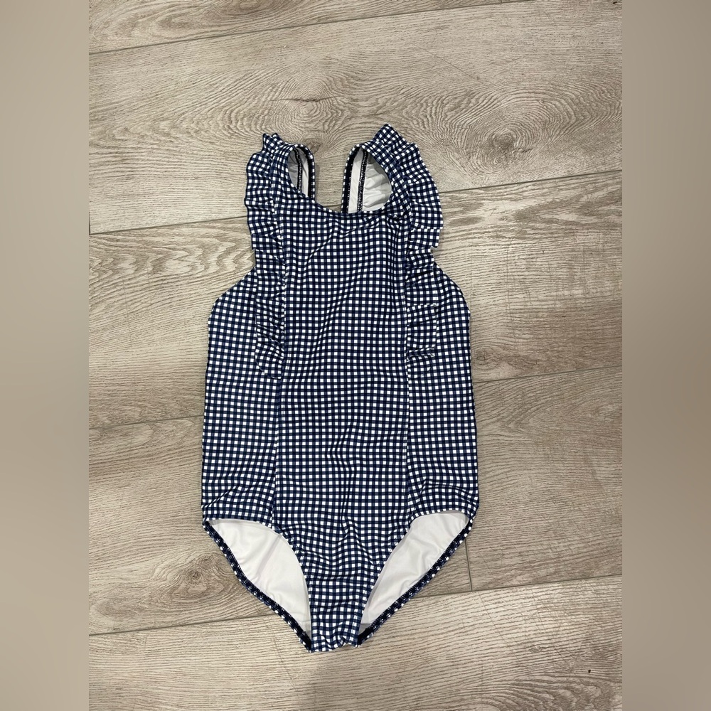Minnow girls navy gingham ruffle one piece, size 11/12